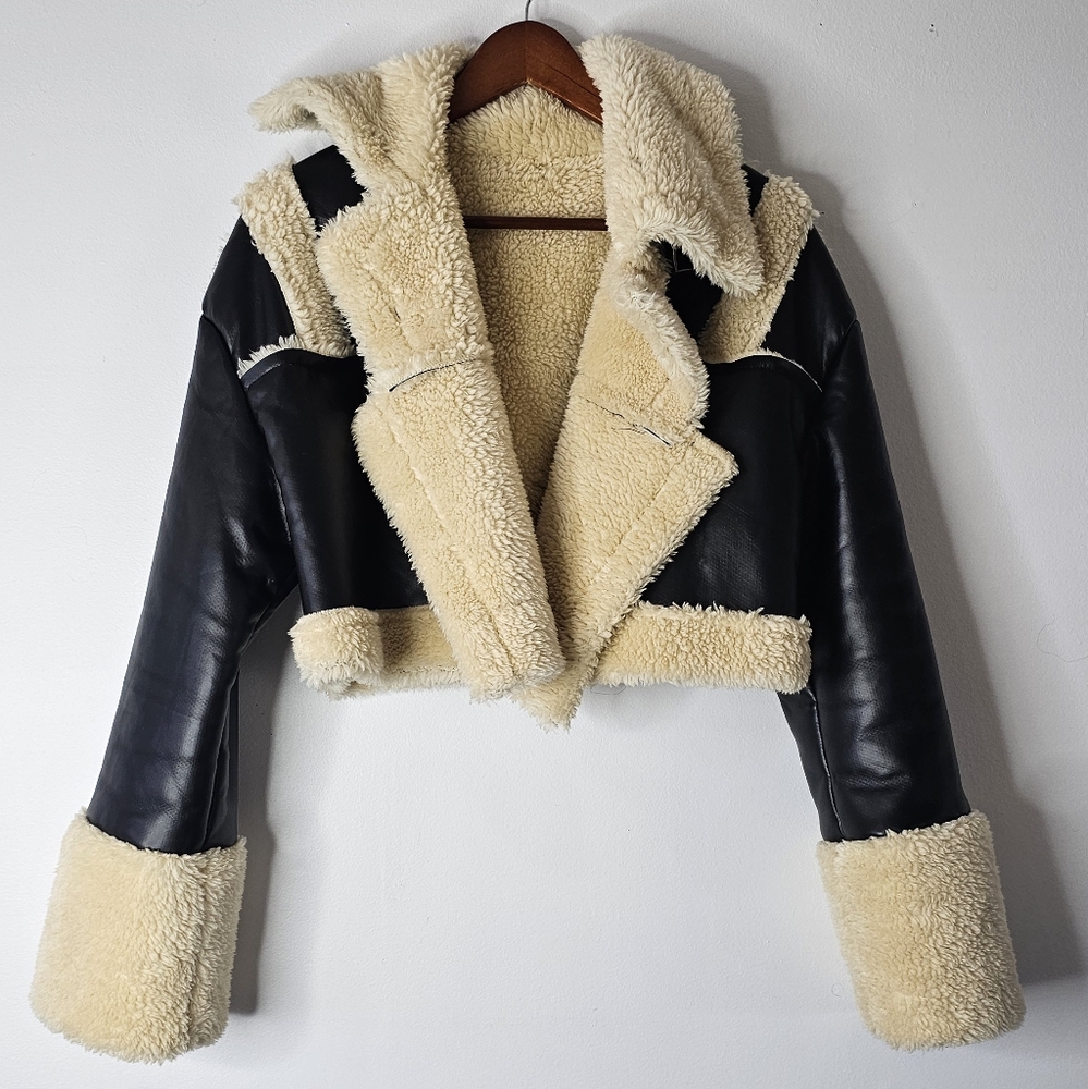 Shearling Lined Black and Cream Women's Jacket Faux Leather Shein Size Small